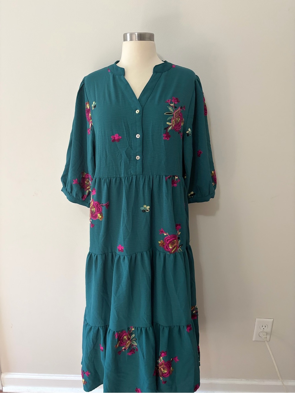 Fig & Flower Teal Floral Embroidered Tiered Midi Dress M- Boho Cottagecore